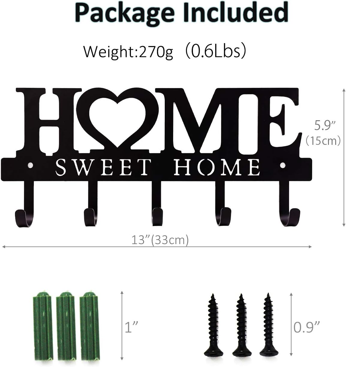 Wall Mounted Metal Key Holder Hooks Organizer Rack 5.9x13 inches - Entryway Decor for Front Door, Kitchen, Hallway, Garage, Mudroom, Office - Includes Screws and Anchors