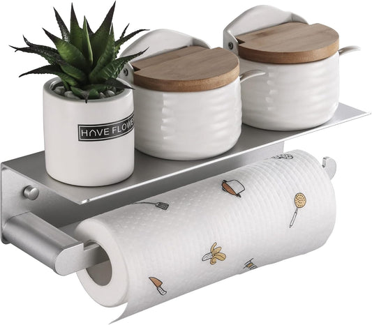 Wall-Mounted Paper Towel Holder with Shelf, Self-Adhesive Aluminum, Anti-Rust, No Drill, Bathroom or Kitchen Organizer (Silver)