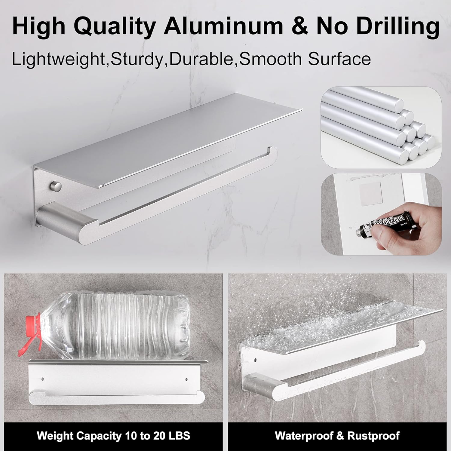 Wall-Mounted Paper Towel Holder with Shelf, Self-Adhesive Aluminum, Anti-Rust, No Drill, Bathroom or Kitchen Organizer (Silver)