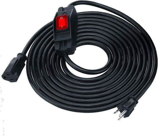 Waterproof 3 Prong Outdoor Extension Cord with On/Off Switch - 1875W Heavy Duty 14/3 SJT Cable, 15A 125V Grounded Outlets Plugs for Appliances - Black, 16.5 ft