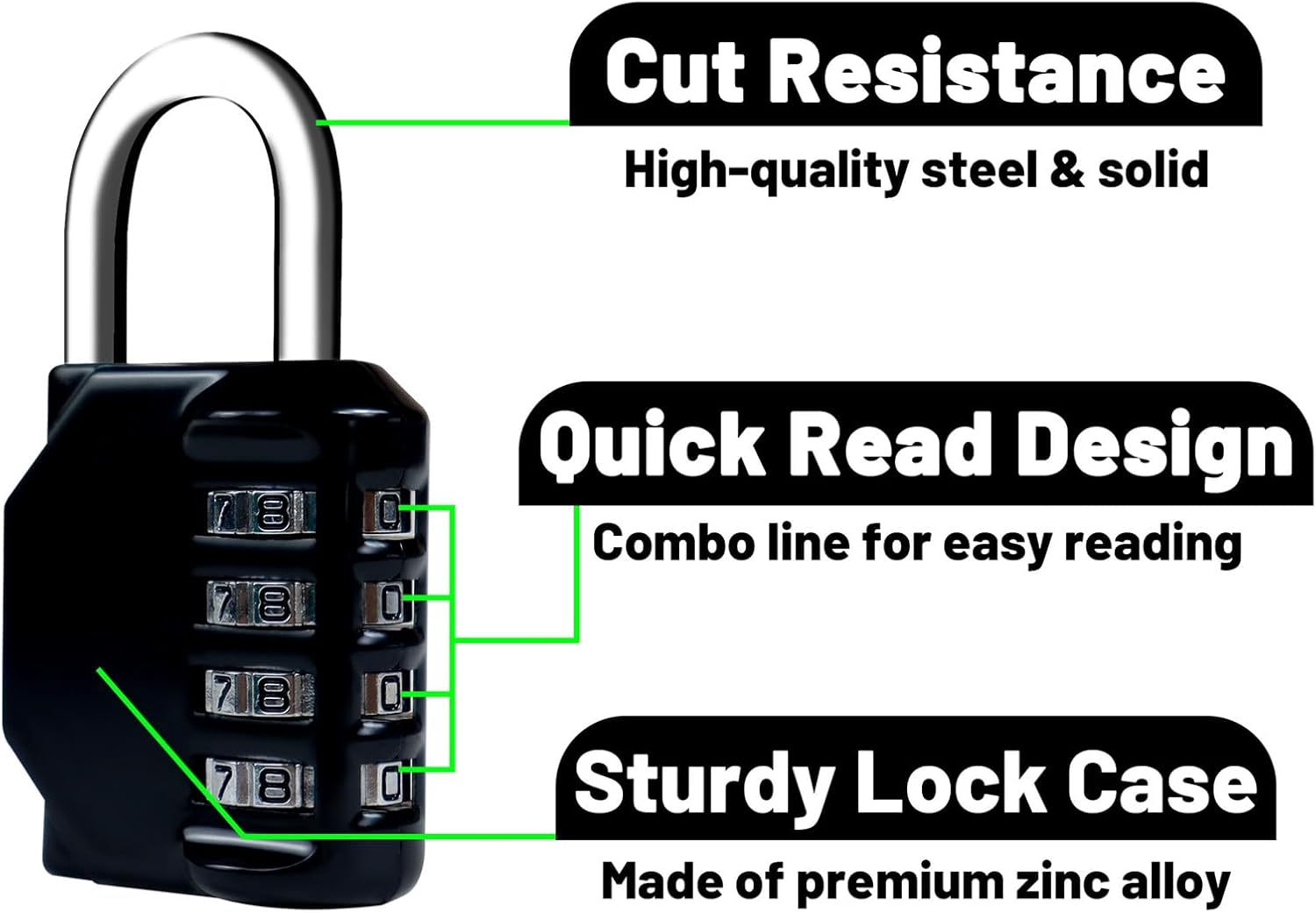 Waterproof 4-Digit Combination Lock for School Gym Locker, Toolbox, Gate - Easy to Set & Use - Resettable Metal Padlock in Black - WildKart