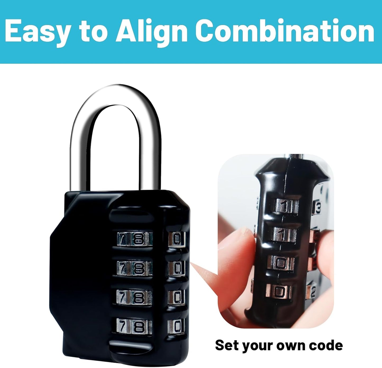 Waterproof 4-Digit Combination Lock for School Gym Locker, Toolbox, Gate - Easy to Set & Use - Resettable Metal Padlock in Black - WildKart
