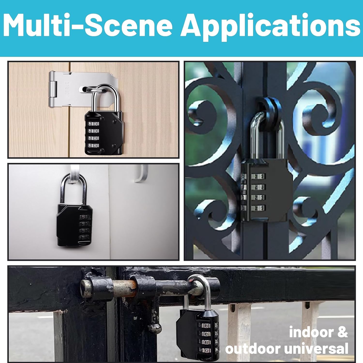 Waterproof 4-Digit Combination Lock for School Gym Locker, Toolbox, Gate - Easy to Set & Use - Resettable Metal Padlock in Black - WildKart