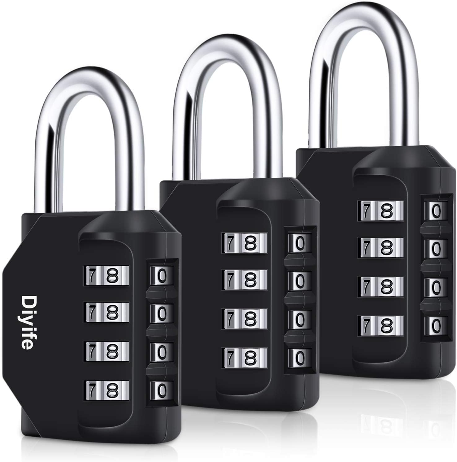 Waterproof 4 Digit Combination Padlock 3 Pack - Heavy Duty Metal Clasp for Fence, School, Gym - Black Combination Lock by Diyife - WildKart