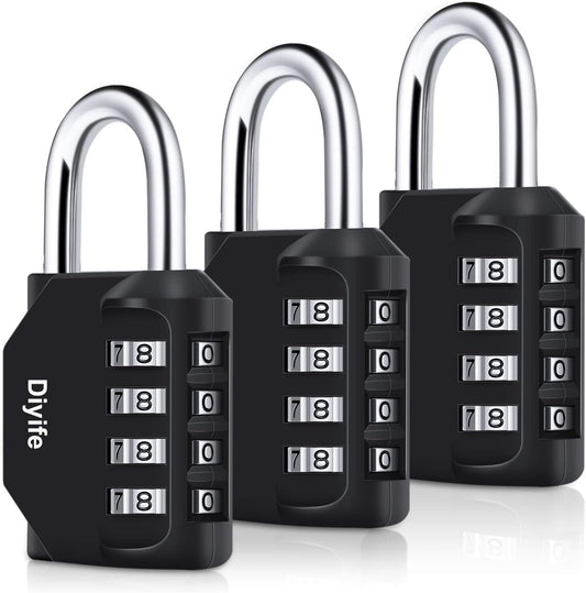 Waterproof 4 Digit Combination Padlock 3 Pack - Heavy Duty Metal Clasp for Fence, School, Gym - Black Combination Lock by Diyife - WildKart