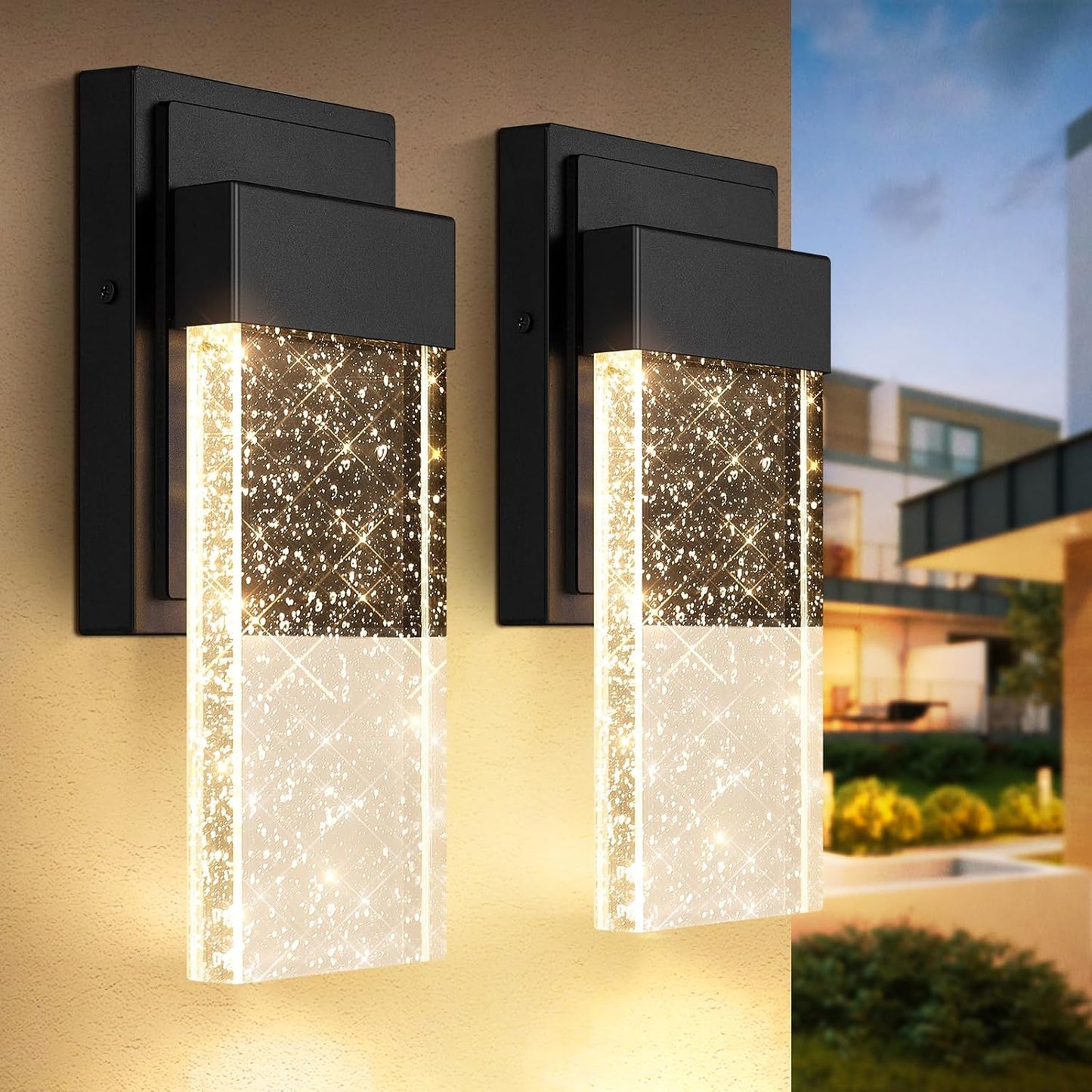 Waterproof Crystal Bubble Glass Outdoor Wall Light Fixtures - LED Wall Lanterns for House Front Door Garage Entryway - BesLowe 10W 3000K Porch Lights