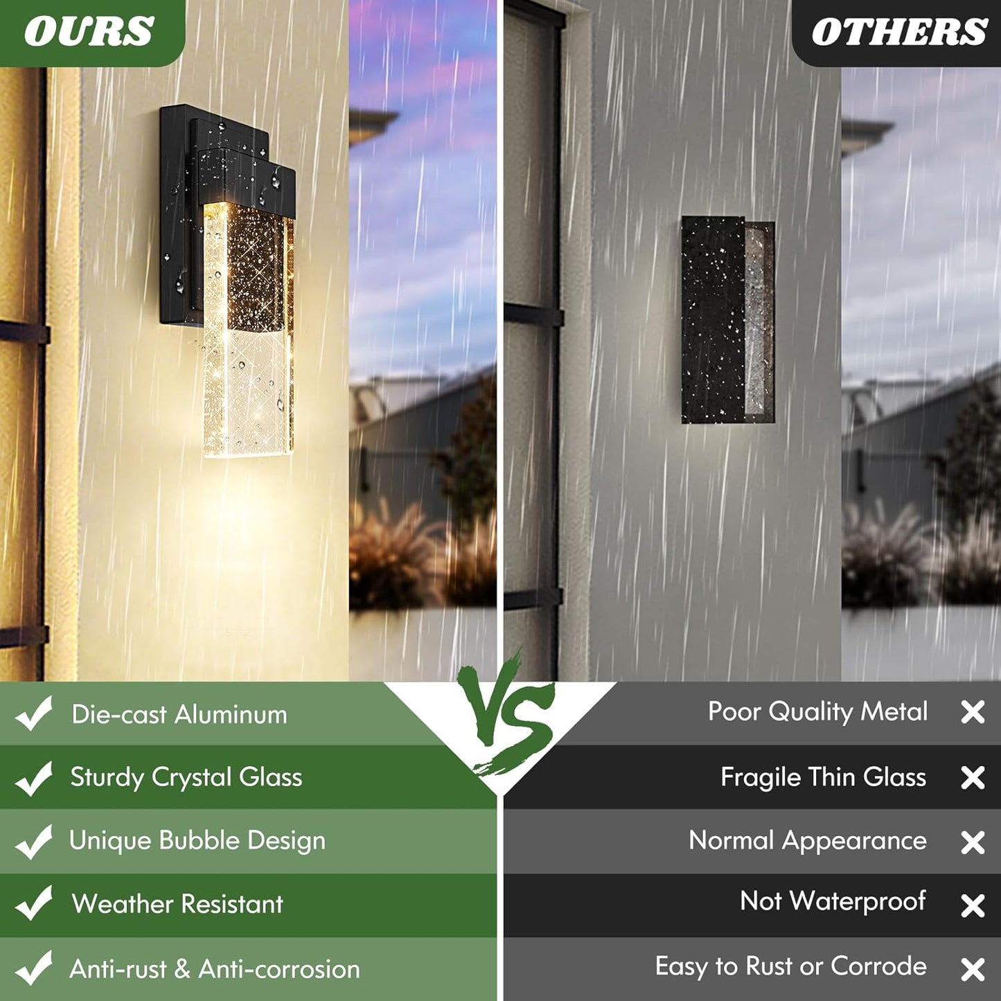 Waterproof Crystal Bubble Glass Outdoor Wall Light Fixtures - LED Wall Lanterns for House Front Door Garage Entryway - BesLowe 10W 3000K Porch Lights