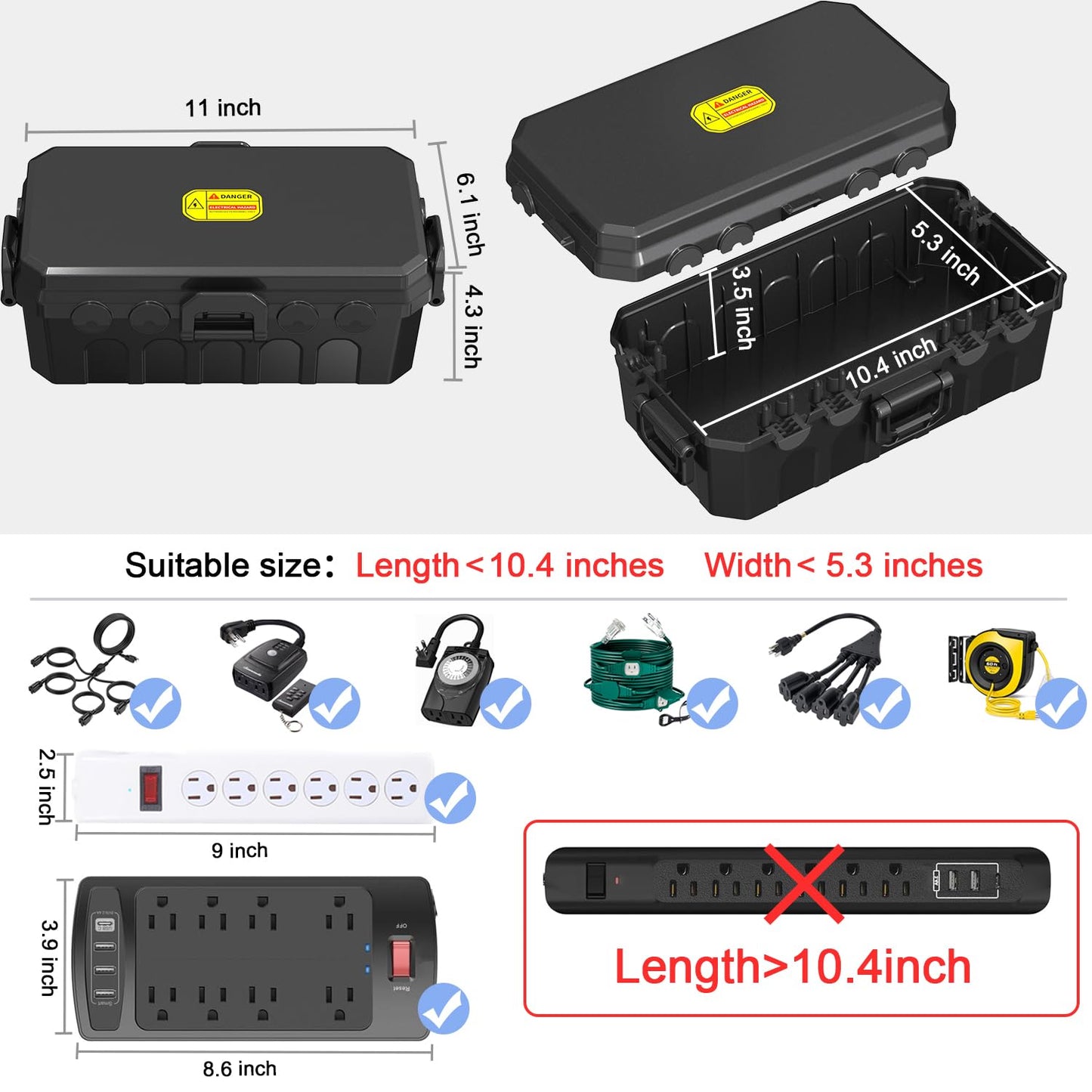 Waterproof Electrical Connection Box - Medium (10.5*5.3*4 inch) for Outdoor Use with IP54 Protection - Ideal for Extension Cords, Holiday Lights, and Timer Outlets