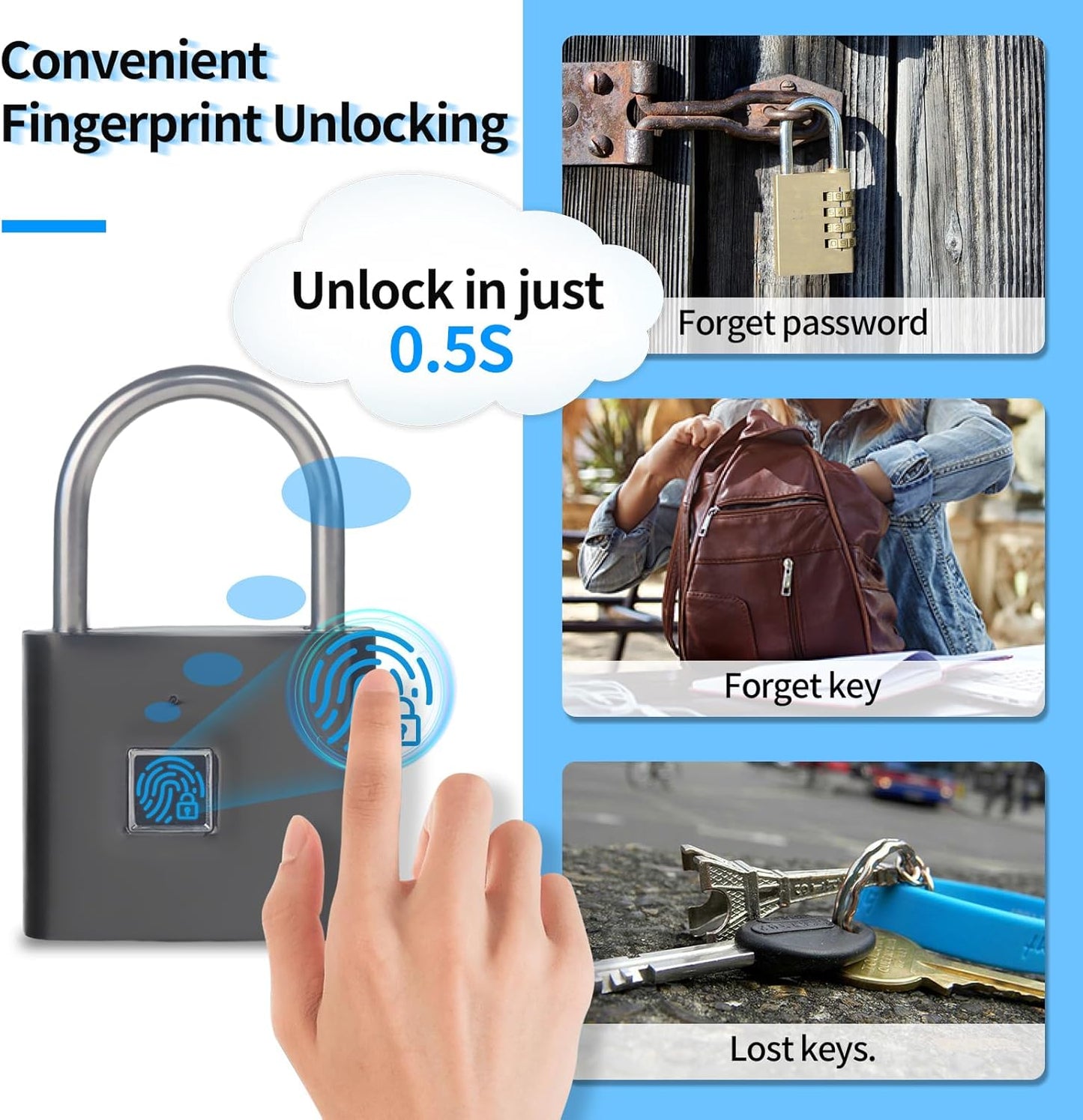 Waterproof Fingerprint Padlock with Emergency Key - Ideal for Warehouses, Gyms, Schools, Homes, and Offices - WildKart