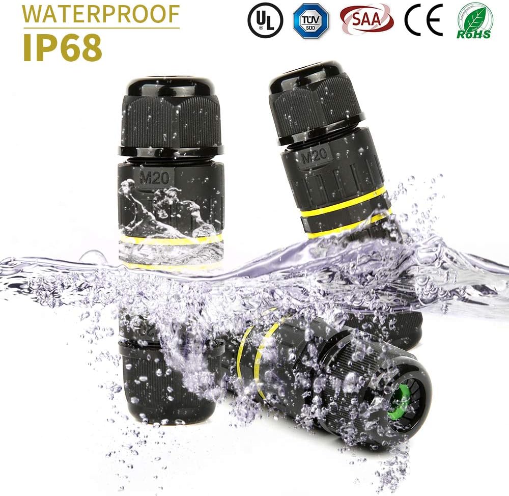 Waterproof IP68 Electrical Junction Box 3 Pole Wire Connector, M20 for Ø5-12mm Wire Range, AC 400V, 24A, UL Certified, 2 Way 3Pin 5 Pack