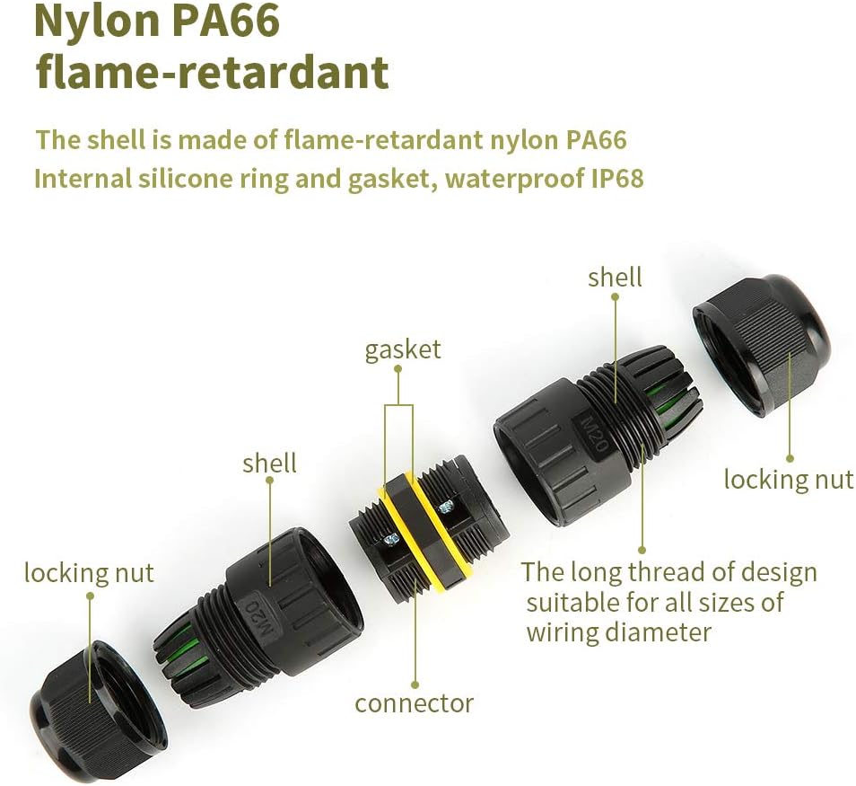Waterproof IP68 Electrical Junction Box 3 Pole Wire Connector, M20 for Ø5-12mm Wire Range, AC 400V, 24A, UL Certified, 2 Way 3Pin 5 Pack