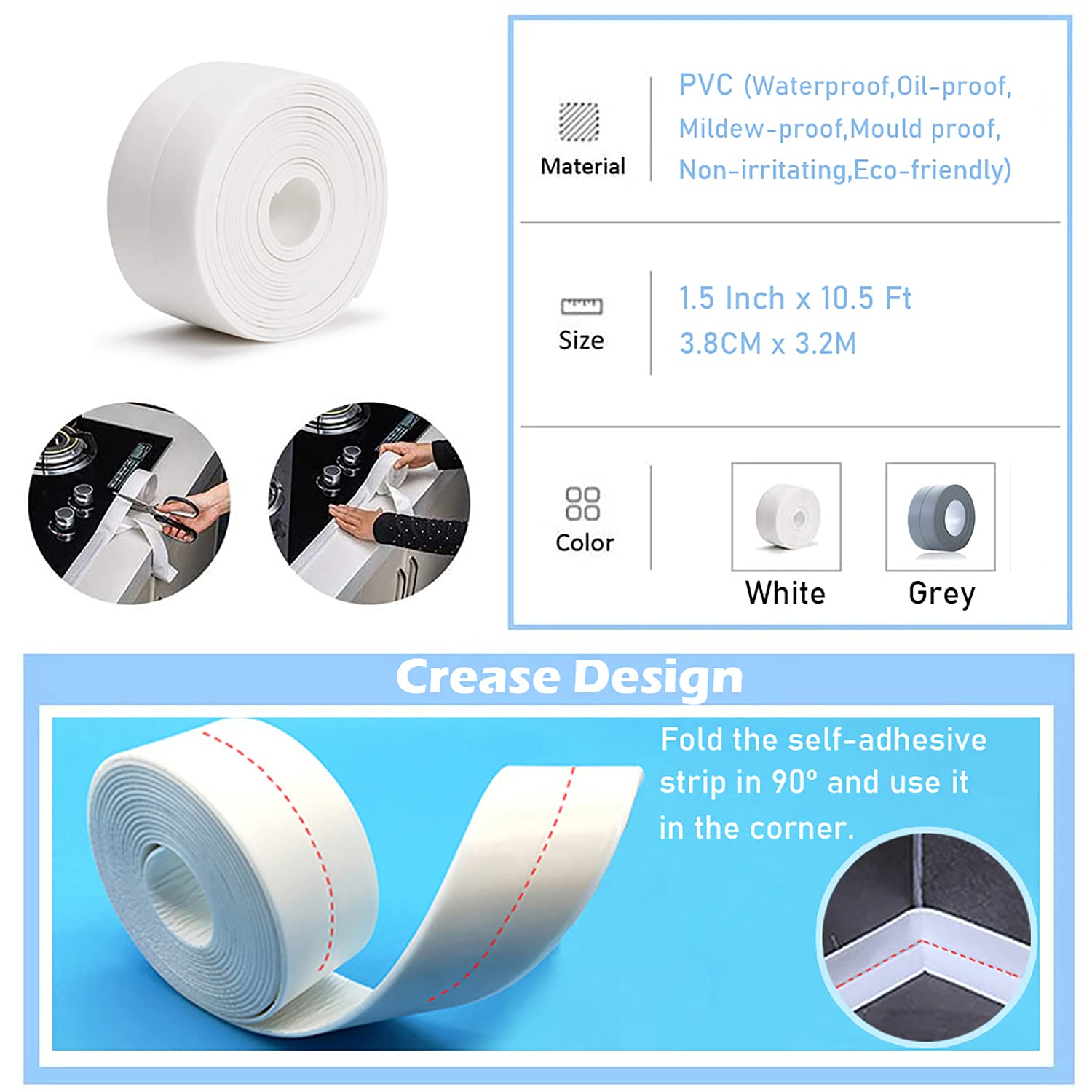 Waterproof Self-Adhesive Caulk Strip Tape for Bathroom Kitchen Wall - 1.5" x 10.5 Ft