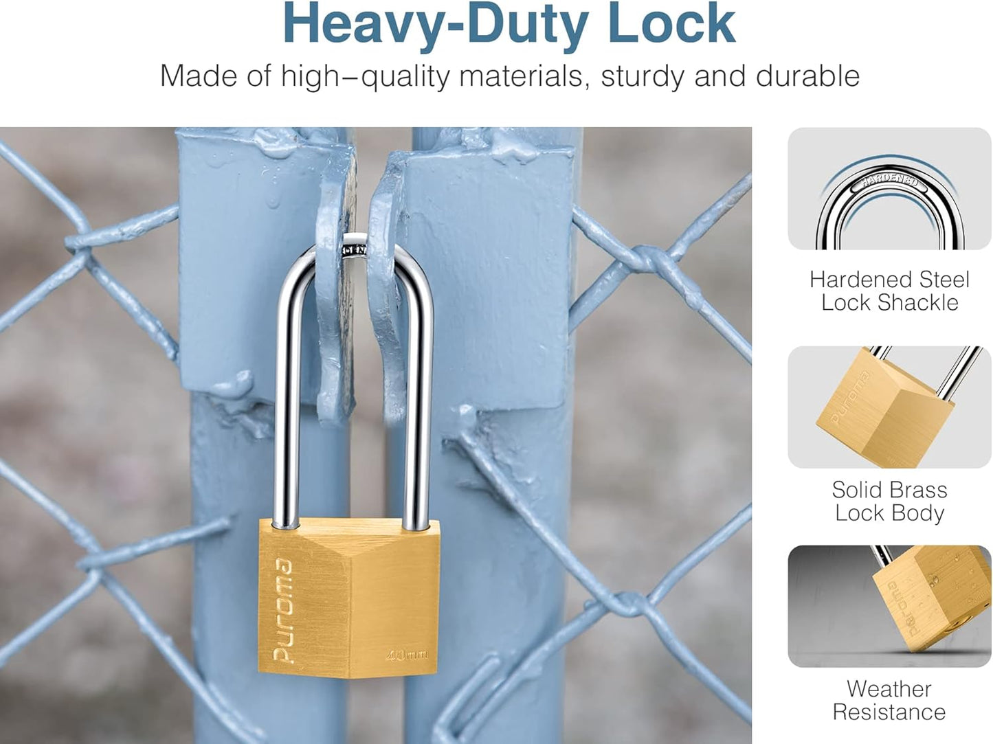 Waterproof Solid Brass Padlock with Keys - Ideal for Sheds, Lockers, Toolbox, Fence - Puroma 1 Pack Keyed Padlock - WildKart