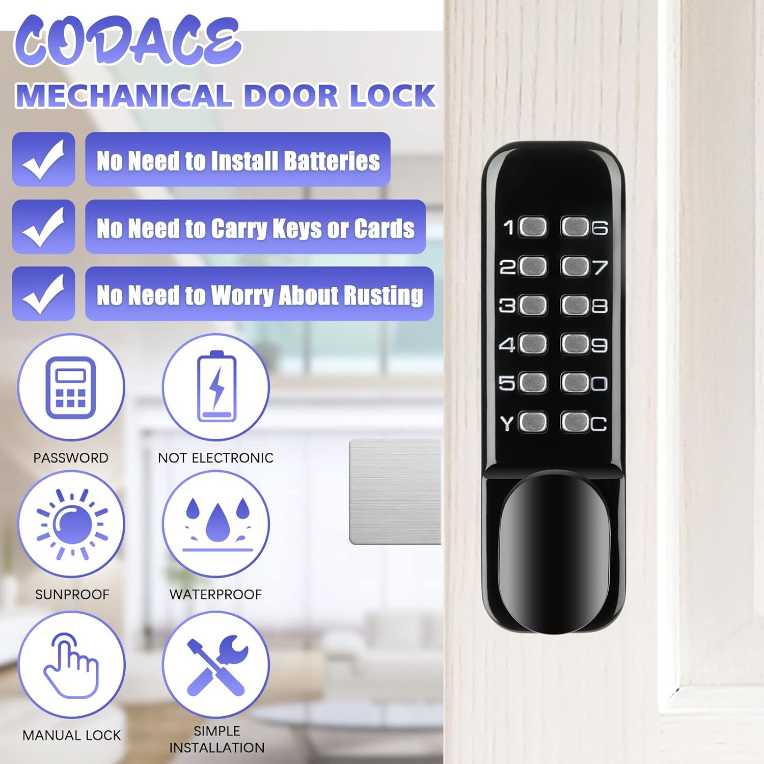 Waterproof Stainless Steel Mechanical Door Lock with Keypad Deadbolt - Keyless Entry Outdoor Gate Combination Lock Set (Black)