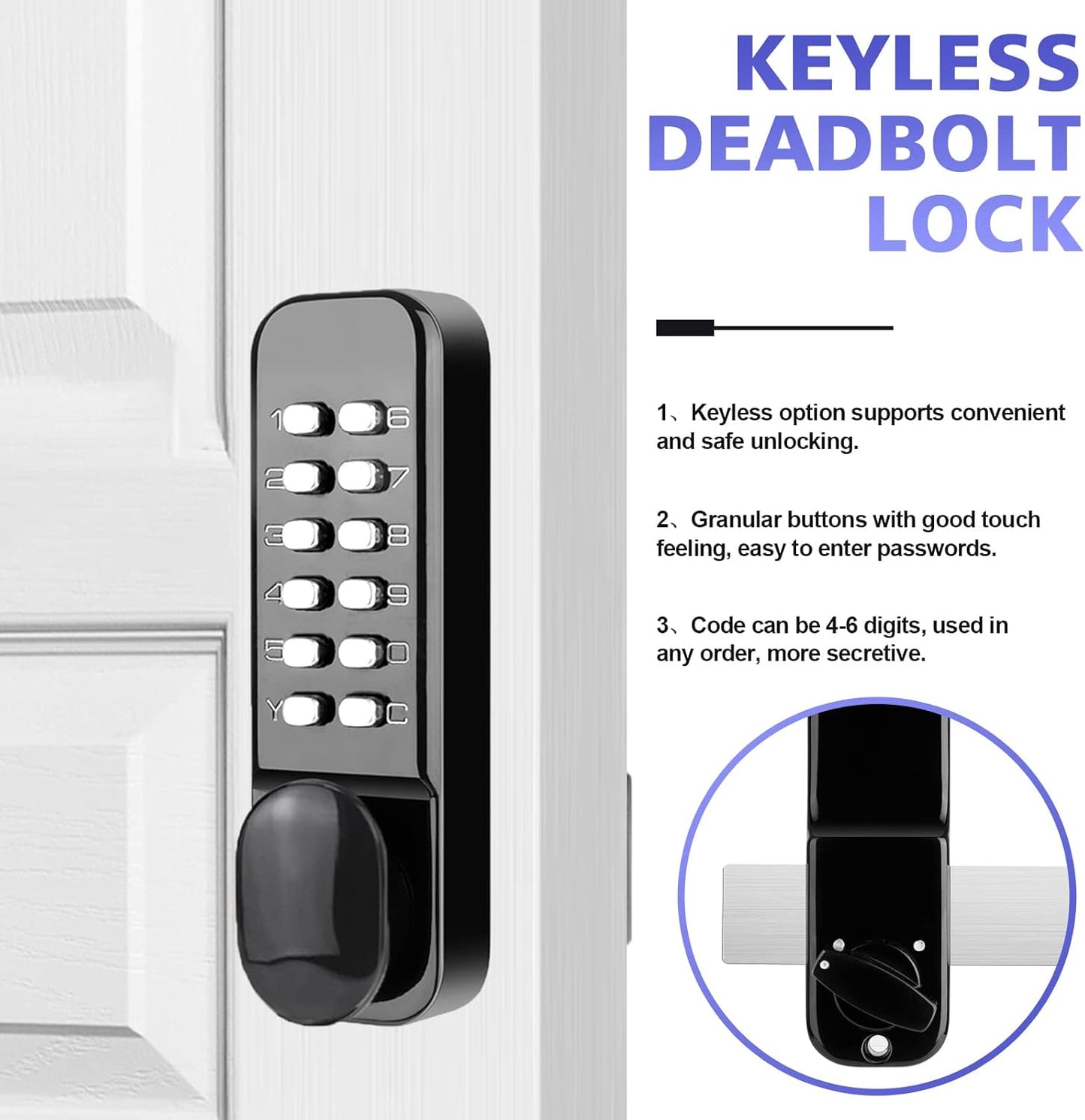 Waterproof Stainless Steel Mechanical Door Lock with Keypad Deadbolt - Keyless Entry Outdoor Gate Combination Lock Set (Black)
