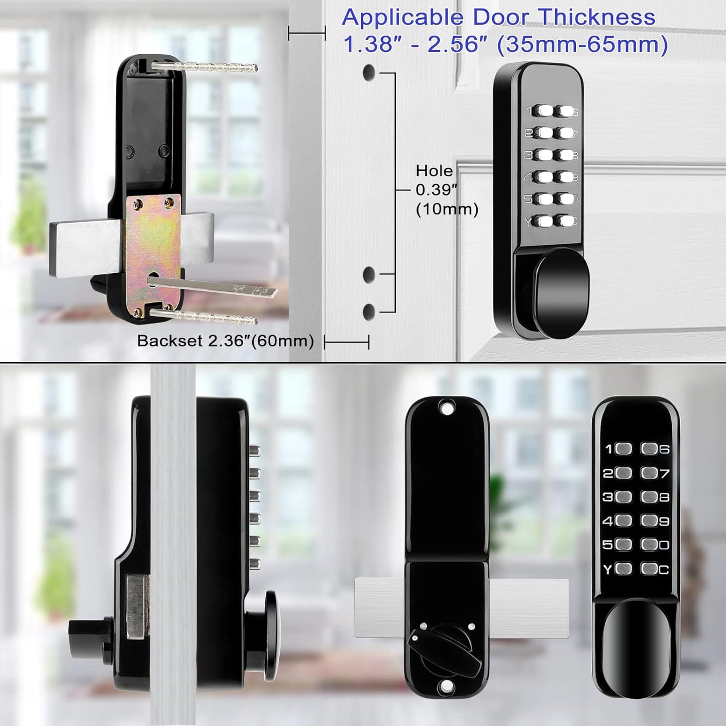 Waterproof Stainless Steel Mechanical Door Lock with Keypad Deadbolt - Keyless Entry Outdoor Gate Combination Lock Set (Black)