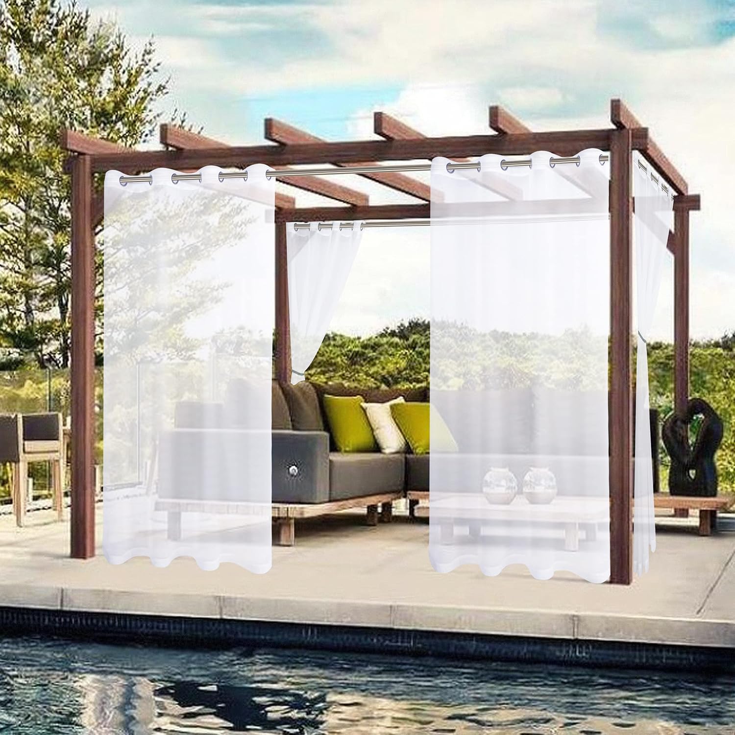 Waterproof White Outdoor Sheer Curtains for Patio - 2 Panels Indoor Voile Curtain 54x84 inch for Living Room, Bedroom, Porch, Pergola