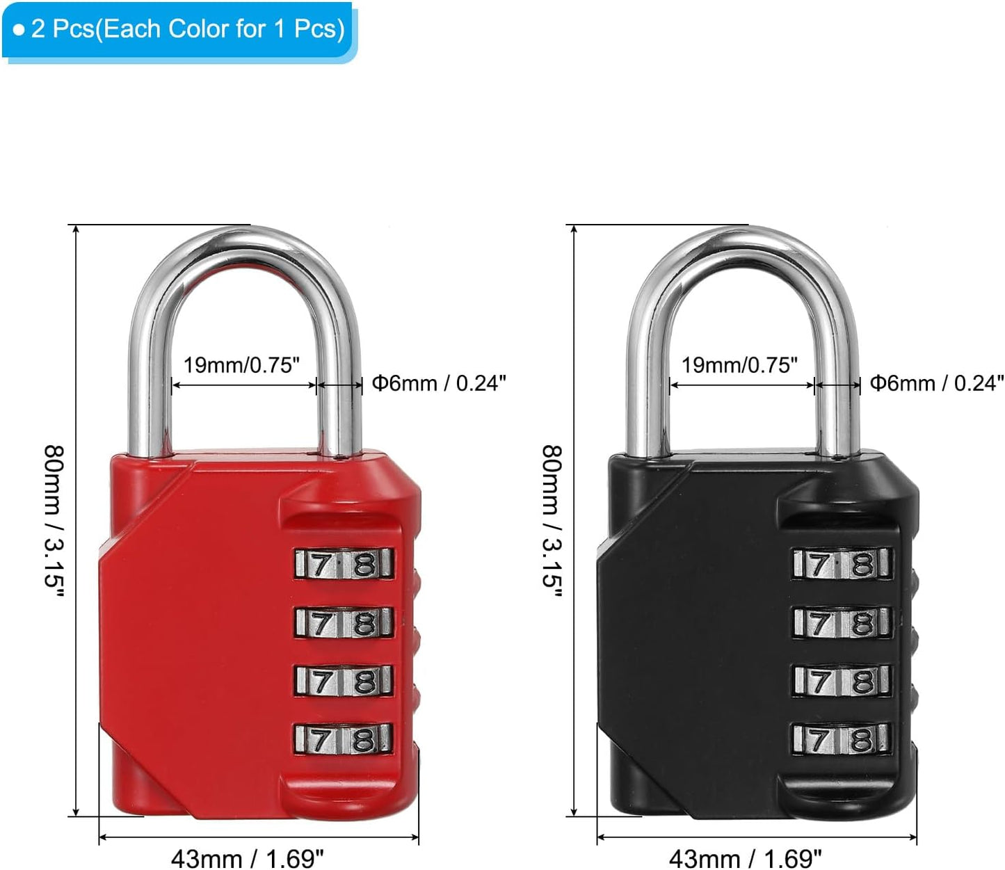 Waterproof Zinc Alloy 4 Digit Combination Padlock - PATIKIL 3 Inch Long Resettable Lock for Outdoor Gym Gate Box - Black Red Color