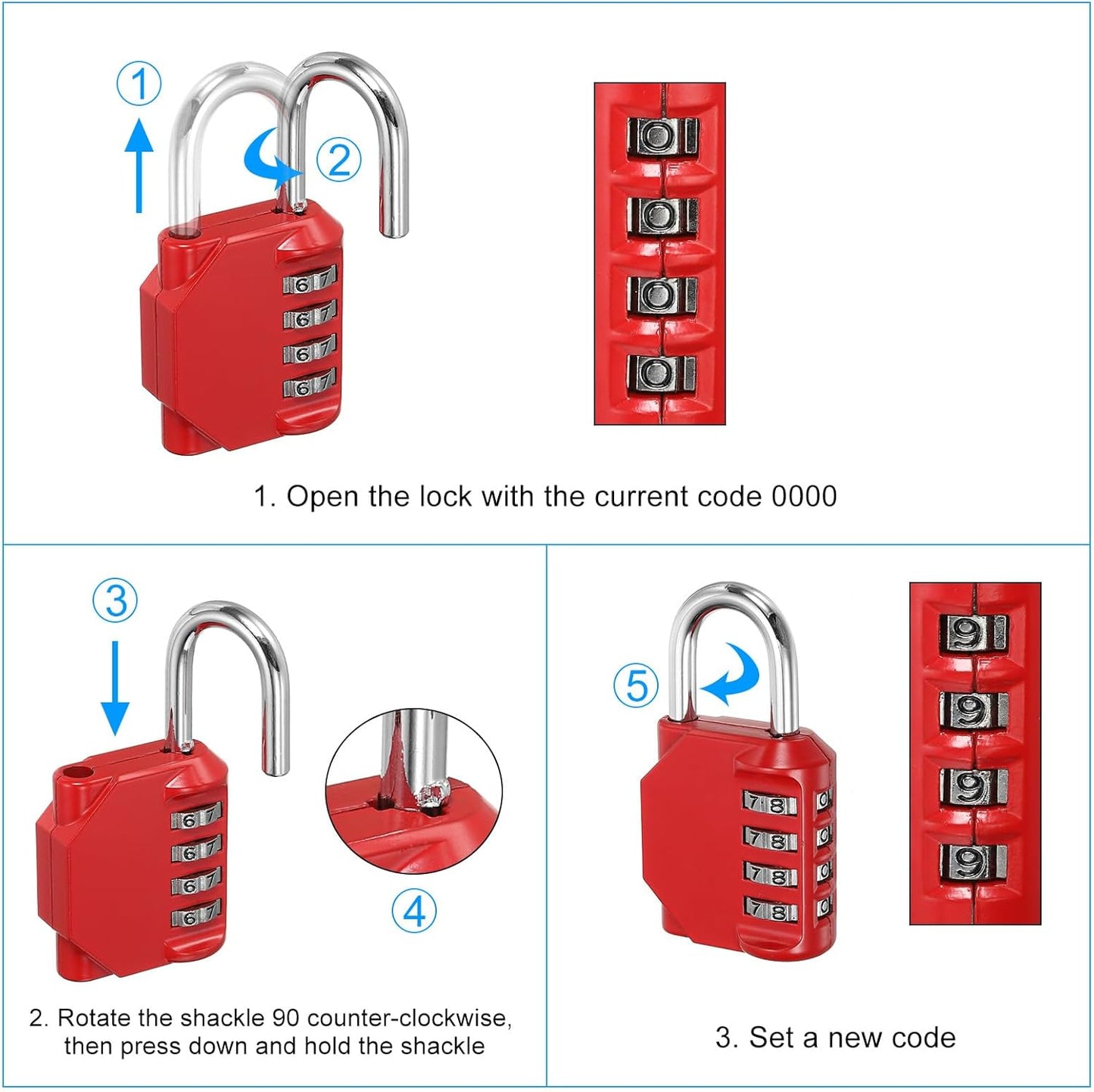 Waterproof Zinc Alloy 4 Digit Combination Padlock - PATIKIL 3 Inch Long Resettable Lock for Outdoor Gym Gate Box - Black Red Color