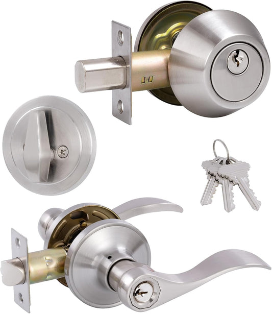 Wave Style Front Door Lever Lockset & Deadbolt Combo Set - Satin Nickel Finish, Keyed Alike, Single Cylinder - Exterior Door Knob & Deadbolt Kit