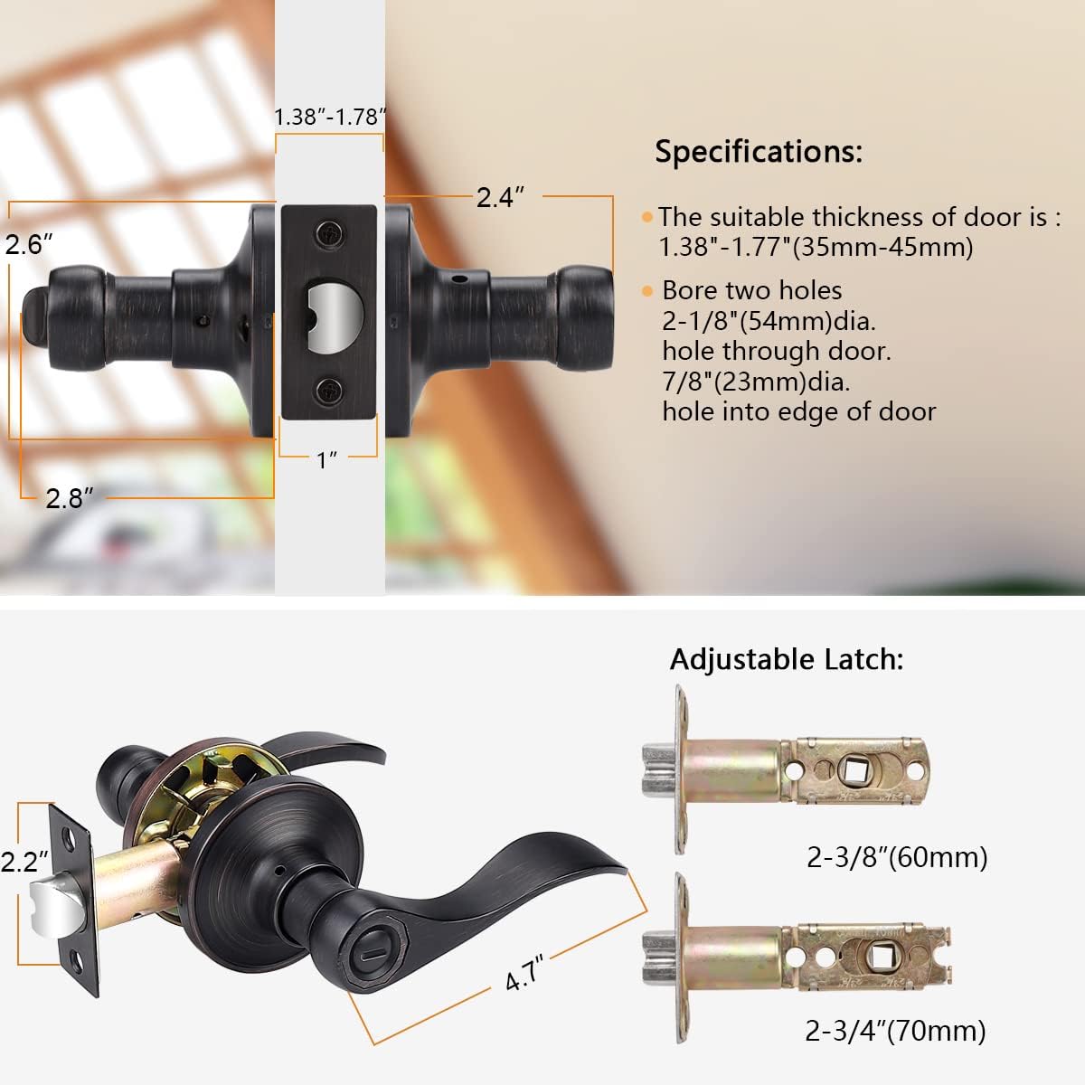 Wave Style Privacy Door Lever in Oil Rubbed Bronze Finish - Interior Bed/Bath Handle with Keyless Lockset - Left/Right Handed - 1 Pack