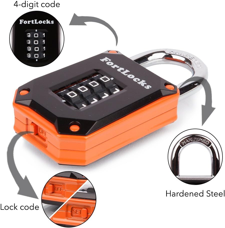 Weatherproof 4 Digit Gym Locker Lock - Heavy Duty Stainless Steel Combination Padlock - Resettable Code - Orange - WildKart