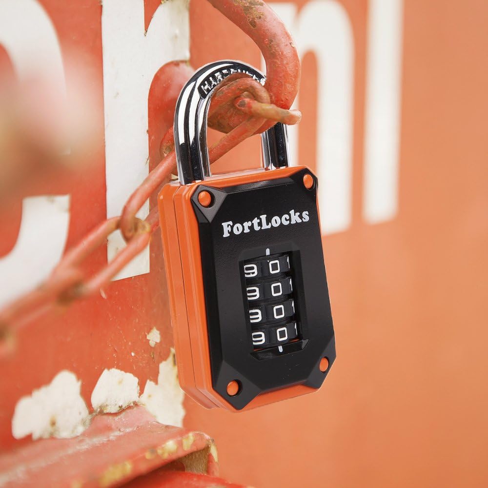 Weatherproof 4 Digit Gym Locker Lock - Heavy Duty Stainless Steel Combination Padlock - Resettable Code - Orange - WildKart