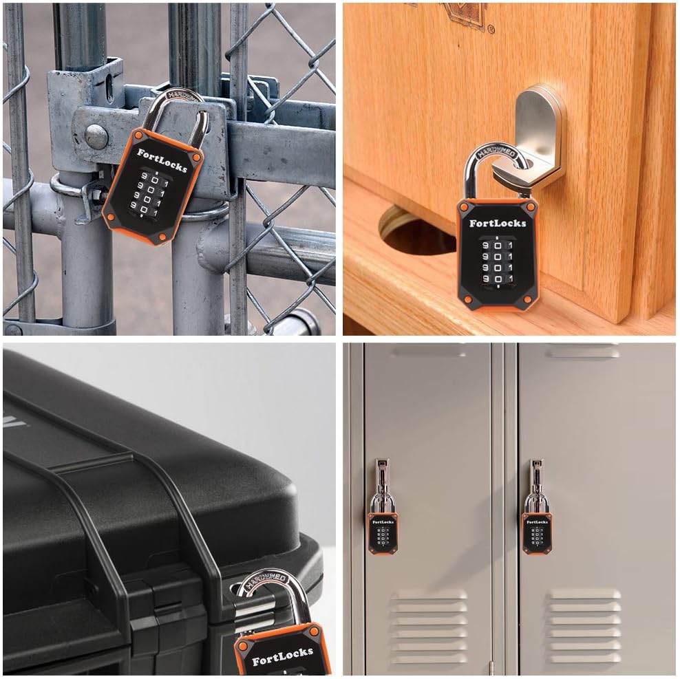 Weatherproof 4 Digit Gym Locker Lock - Heavy Duty Stainless Steel Combination Padlock - Resettable Code - Orange - WildKart