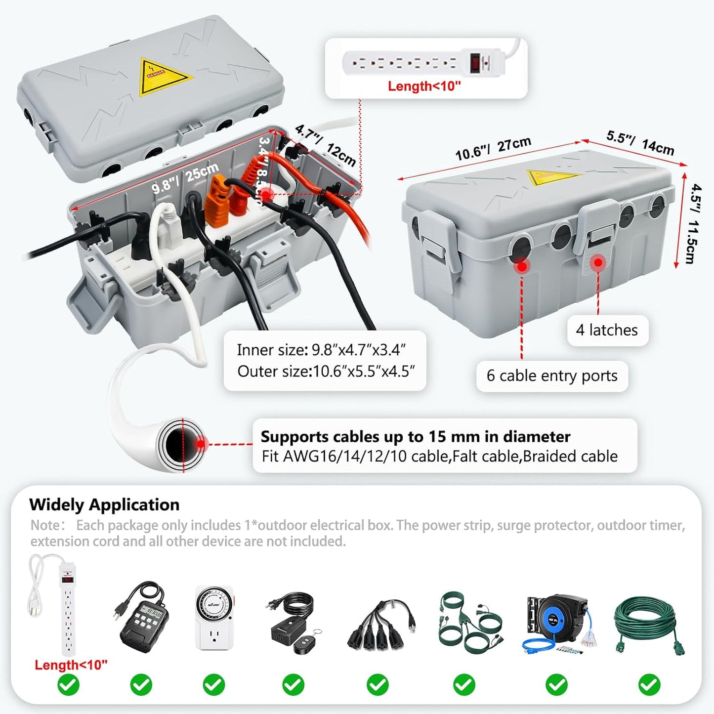Weatherproof Electrical Box with 6 Cable Entry, IP54 Waterproof Cover for Power Strip, Timer, Plug, Holiday Lights - Grey, 10.6x5.5x4.5inch