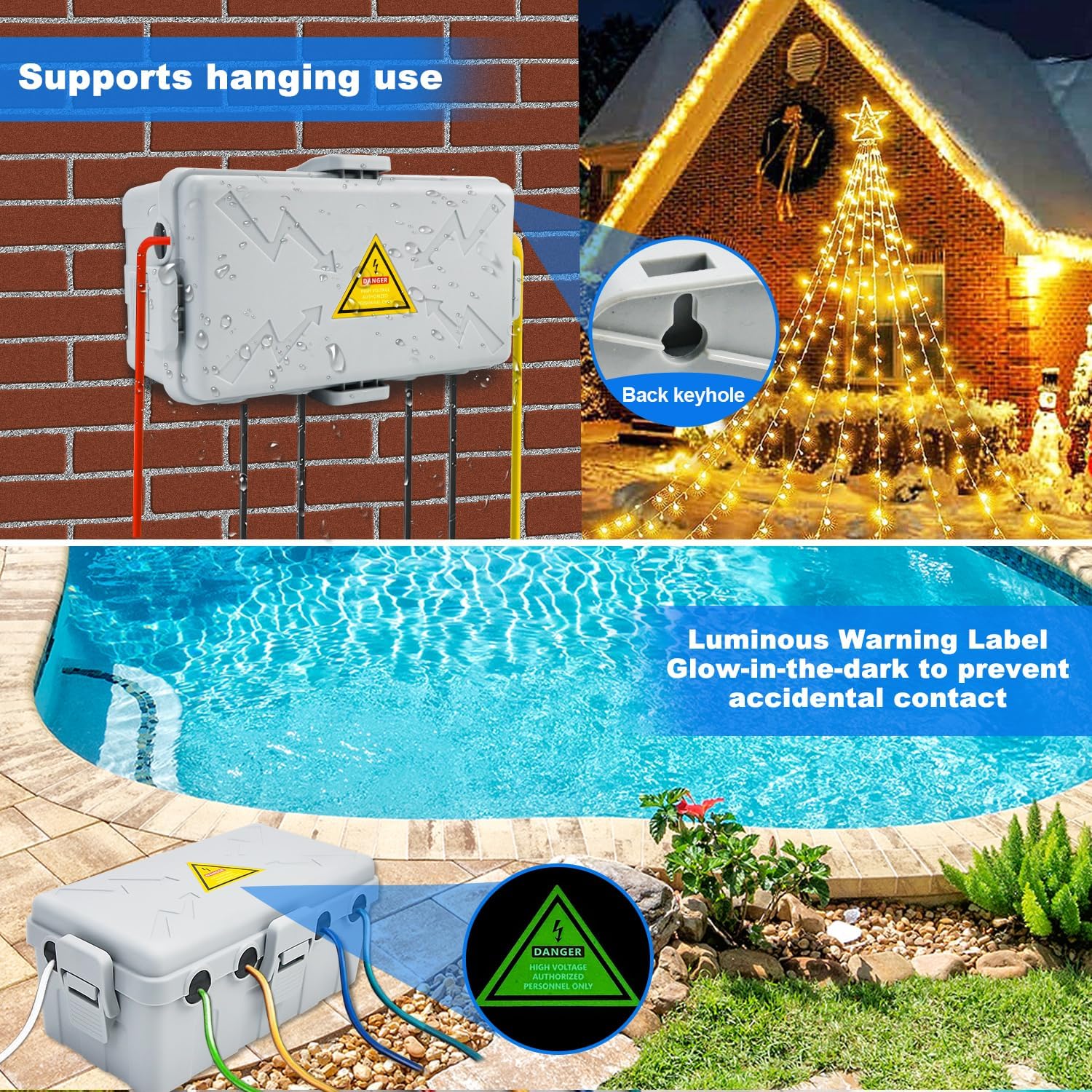 Weatherproof Electrical Box with 6 Cable Entry, IP54 Waterproof Cover for Power Strip, Timer, Plug, Holiday Lights - Grey, 10.6x5.5x4.5inch