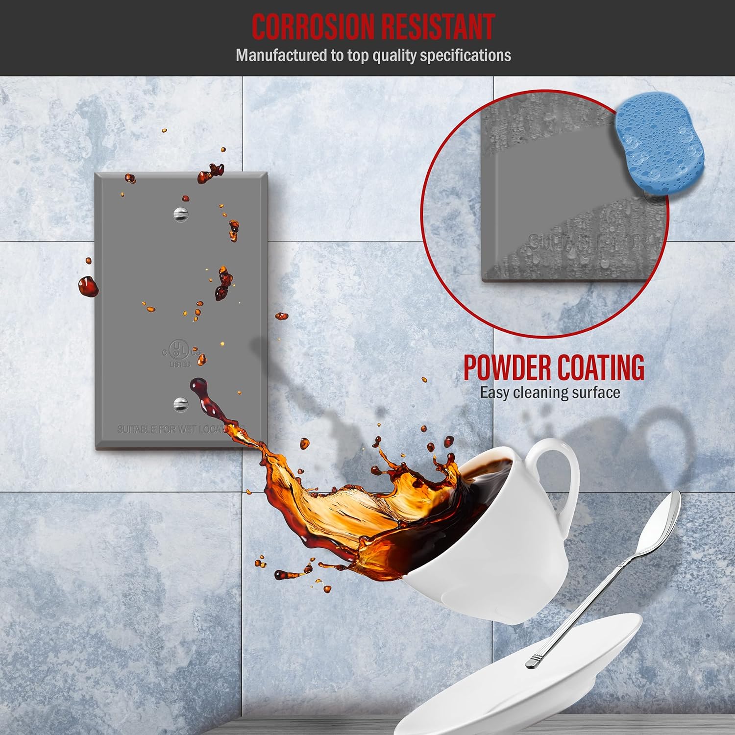 Weatherproof Outdoor Blank Metal Wall Plate for Corrosion Resistance - 1-Gang 4.50" x 2.76" Zinc Alloy Cover, Gray Finish