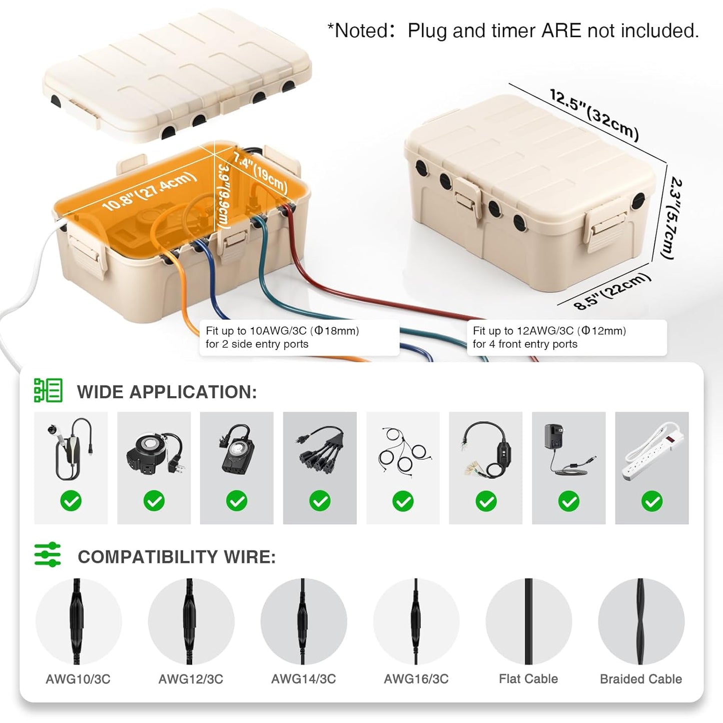 Weatherproof Outdoor Electrical Box Set: Large (12.5 x 8.5 x 5 inch) & Medium (11.4 x 4.3 x 3 inch), IP54 Waterproof Outlet Boxes