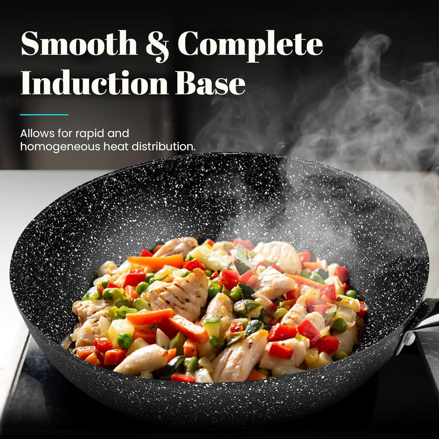 WECOOK Granite Frying Pan 26 cm - Full Induction, Non-Stick Stone, PFOA-Free, Professional Steel Handle - Suitable for All Cookers