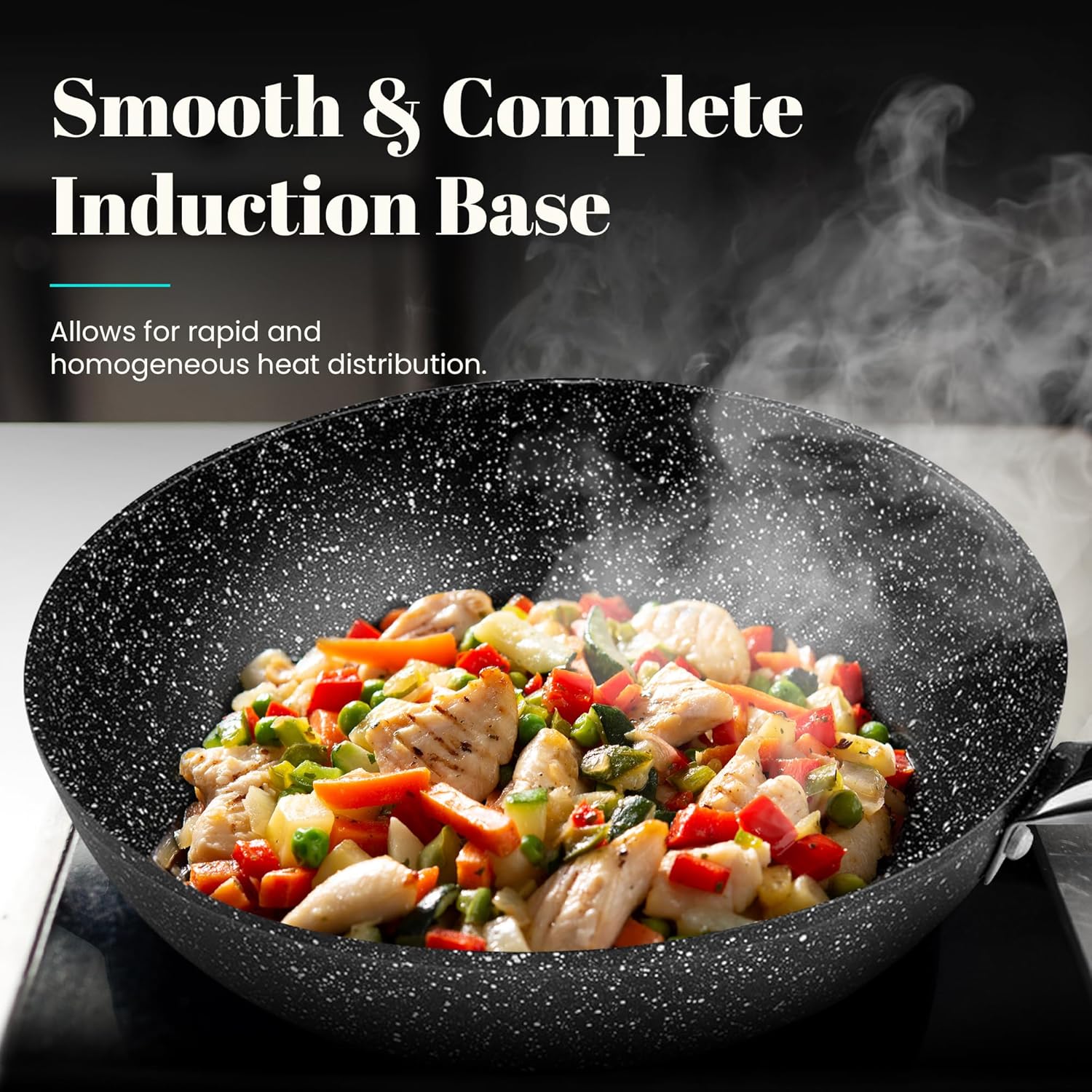 WECOOK Granite Frying Pan 26 cm - Full Induction, Non-Stick Stone, PFOA-Free, Professional Steel Handle - Suitable for All Cookers