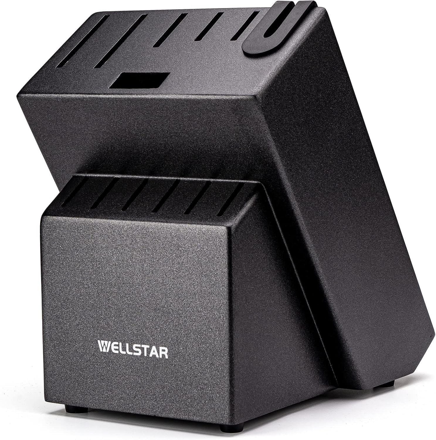 WELLSTAR 12 Slot Knife Block with Built-in Sharpener - Natural Wood Countertop Knife Holder (Black)
