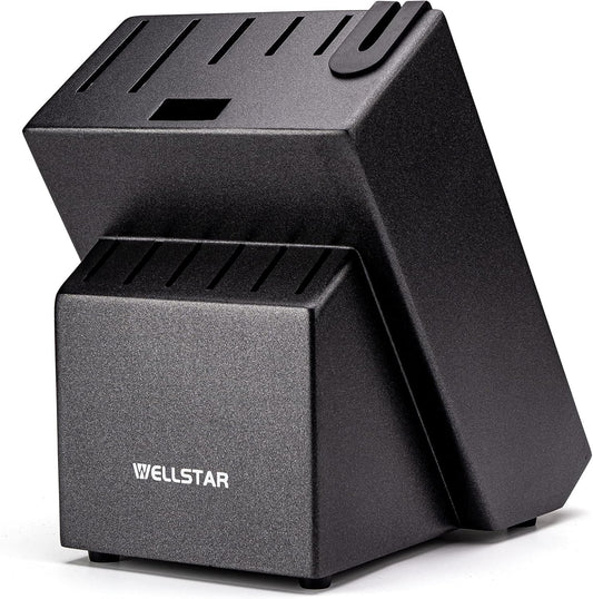 WELLSTAR 12 Slot Knife Block with Built-in Sharpener - Natural Wood Countertop Knife Holder (Black)