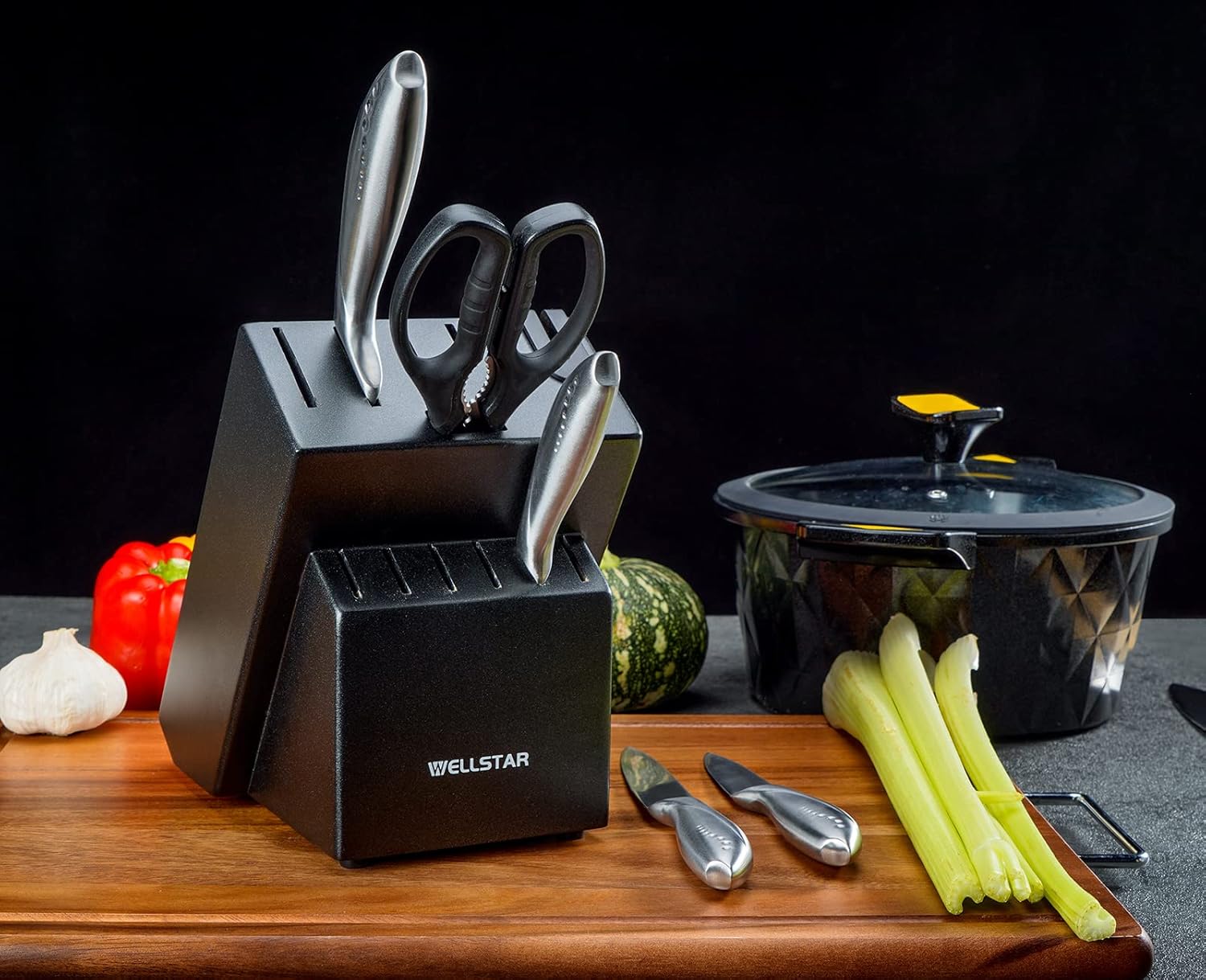 WELLSTAR 12 Slot Knife Block with Built-in Sharpener - Natural Wood Countertop Knife Holder (Black)