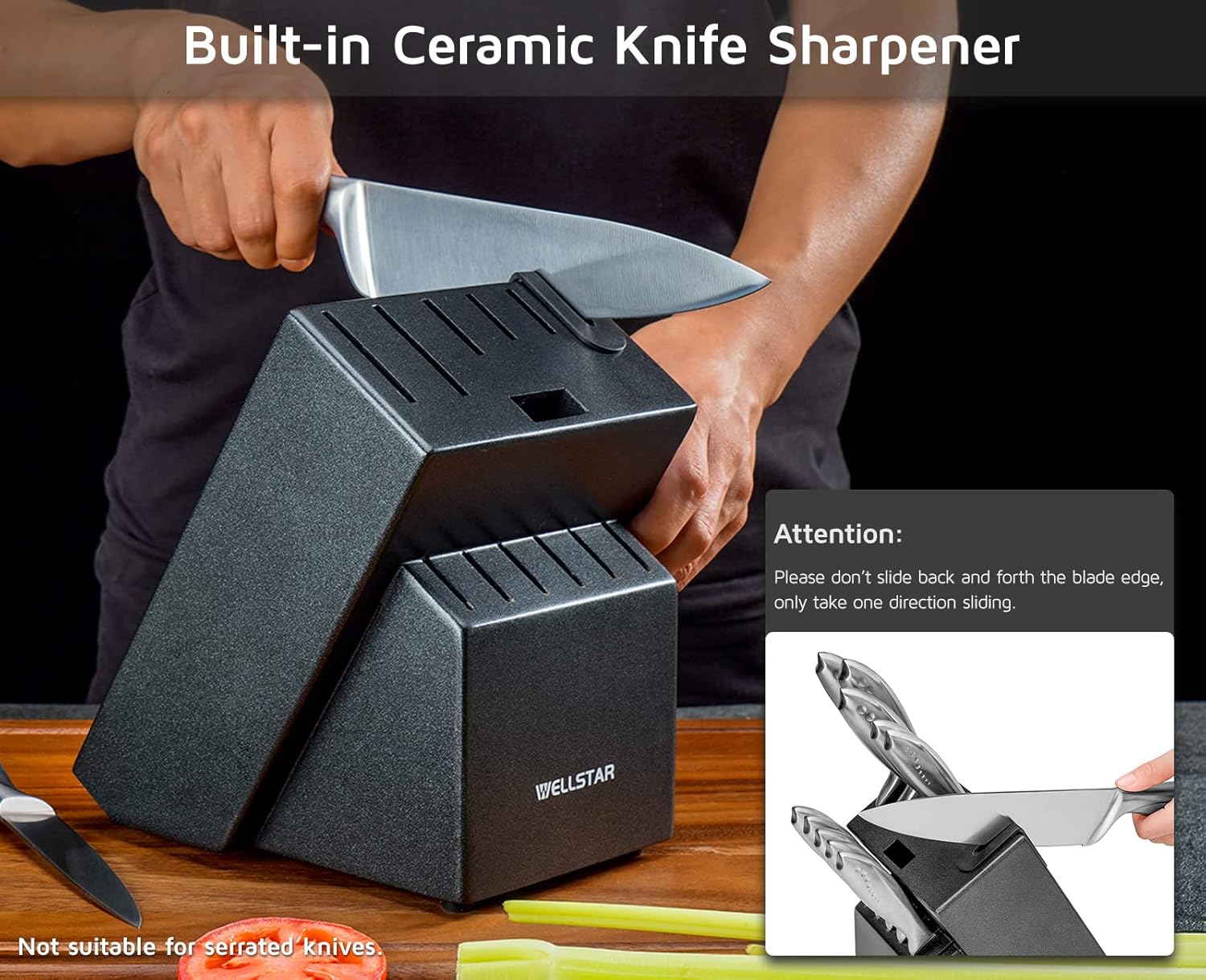 WELLSTAR 12 Slot Knife Block with Built-in Sharpener - Natural Wood Countertop Knife Holder (Black)