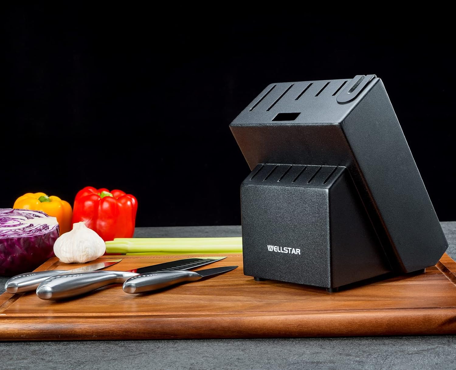 WELLSTAR 12 Slot Knife Block with Built-in Sharpener - Natural Wood Countertop Knife Holder (Black)