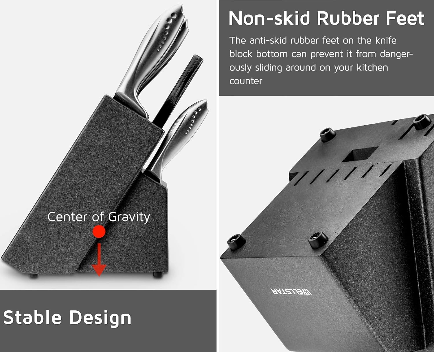 WELLSTAR 12 Slot Knife Block with Built-in Sharpener - Natural Wood Countertop Knife Holder (Black)