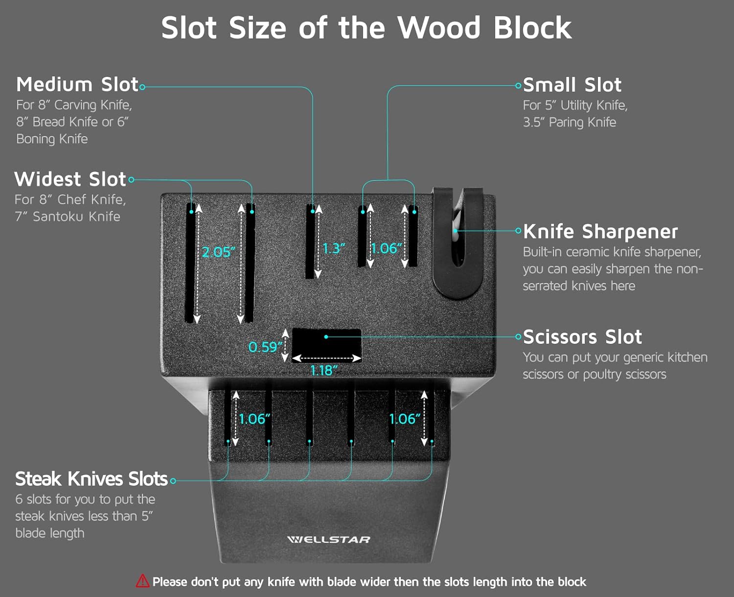 WELLSTAR 12 Slot Knife Block with Built-in Sharpener - Natural Wood Countertop Knife Holder (Black)