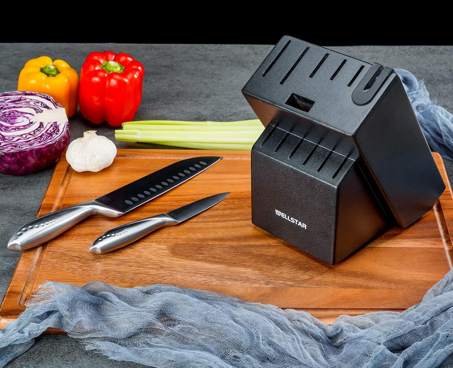 WELLSTAR 12 Slot Knife Block with Built-in Sharpener - Natural Wood Countertop Knife Holder (Black)