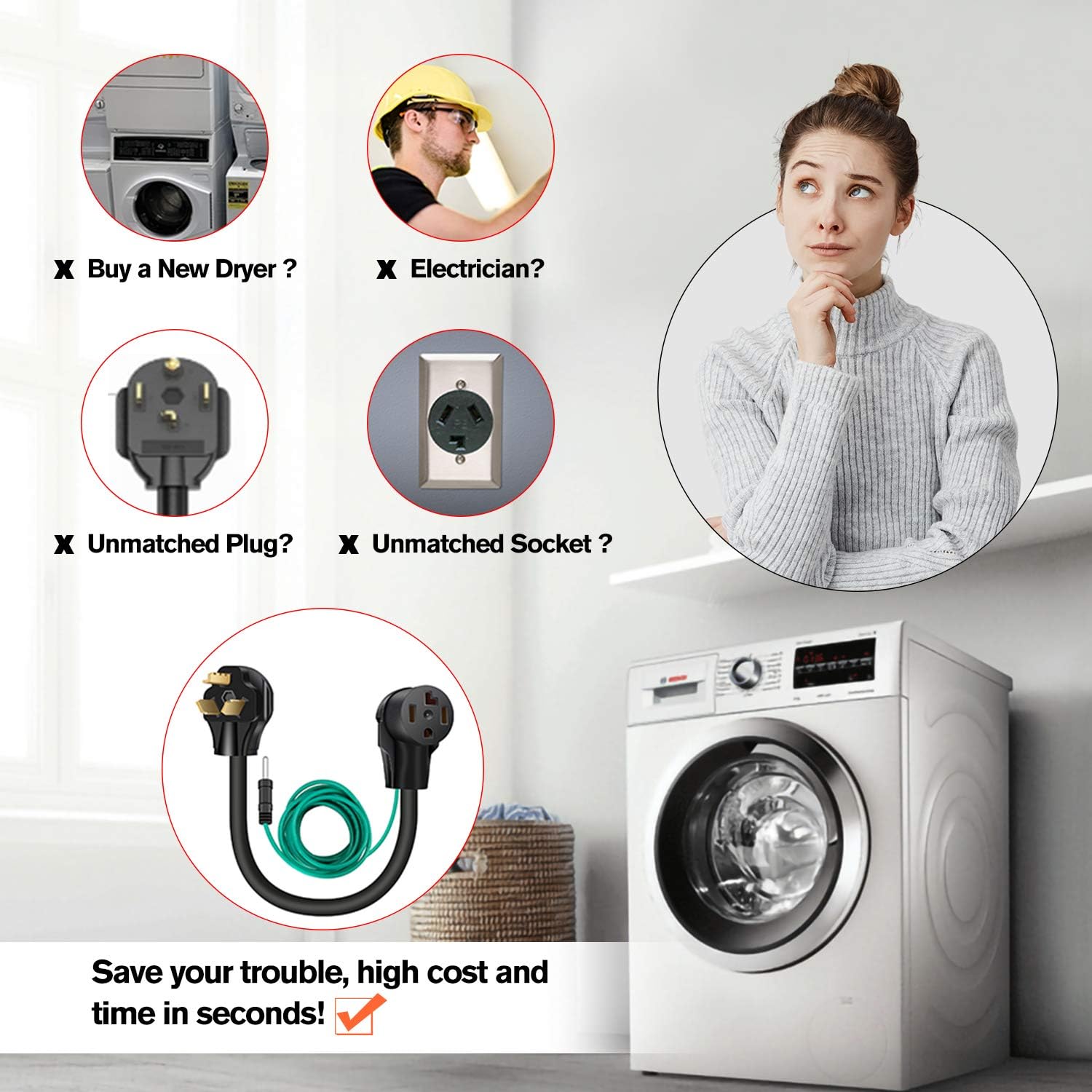 WELLUCK 1.5 FT 4 Prong to 3 Prong Dryer Adapter, 30 Amp Power Cord Converter with Ground Wire