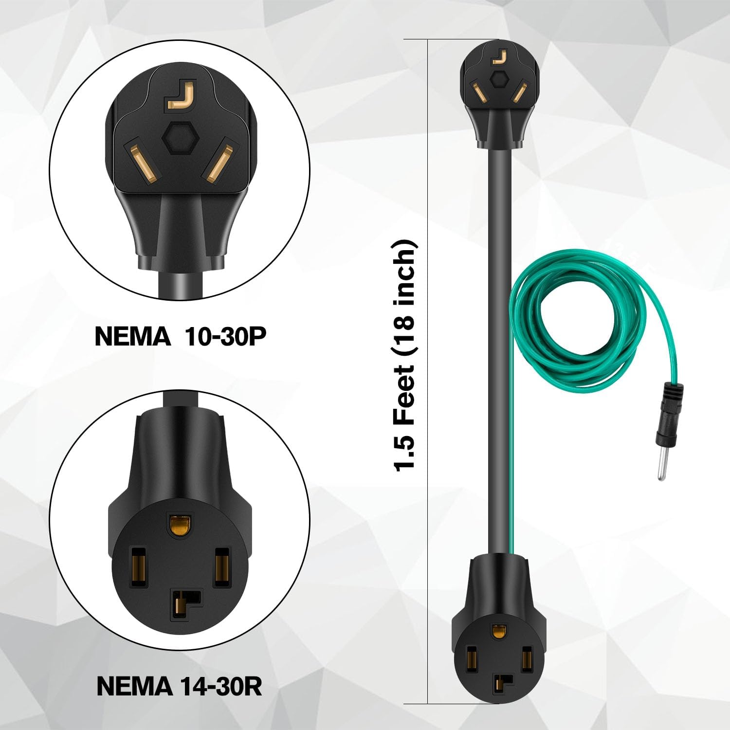 WELLUCK 1.5 FT 4 Prong to 3 Prong Dryer Adapter, 30 Amp Power Cord Converter with Ground Wire