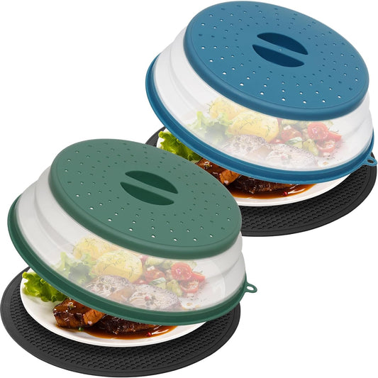 WENWELL 4 in 1 Vented Collapsible Microwave Splatter Cover & Mat Set - BPA-Free Silicone & Plastic, Dishwasher-Safe
