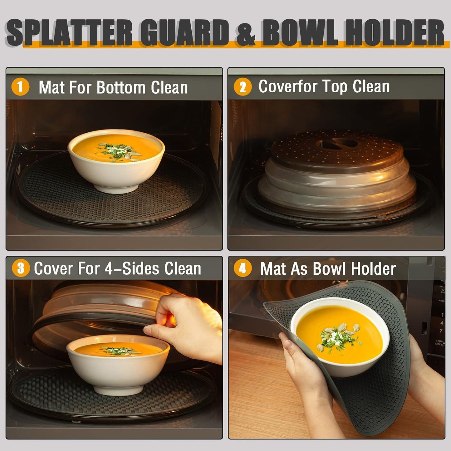 WENWELL 4 in 1 Vented Collapsible Microwave Splatter Cover & Mat Set - BPA-Free Silicone & Plastic, Dishwasher-Safe