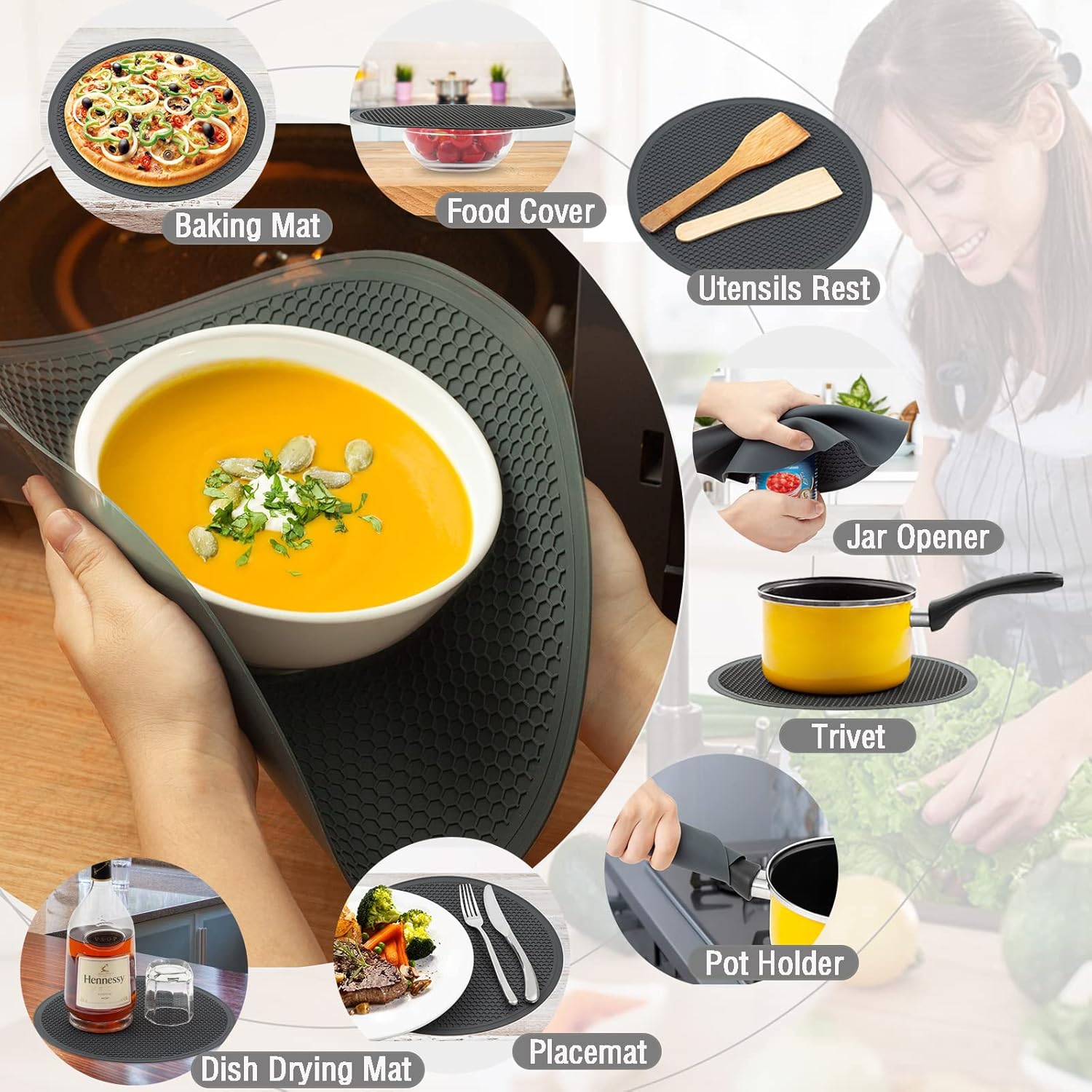 WENWELL 4 in 1 Vented Collapsible Microwave Splatter Cover & Mat Set - BPA-Free Silicone & Plastic, Dishwasher-Safe