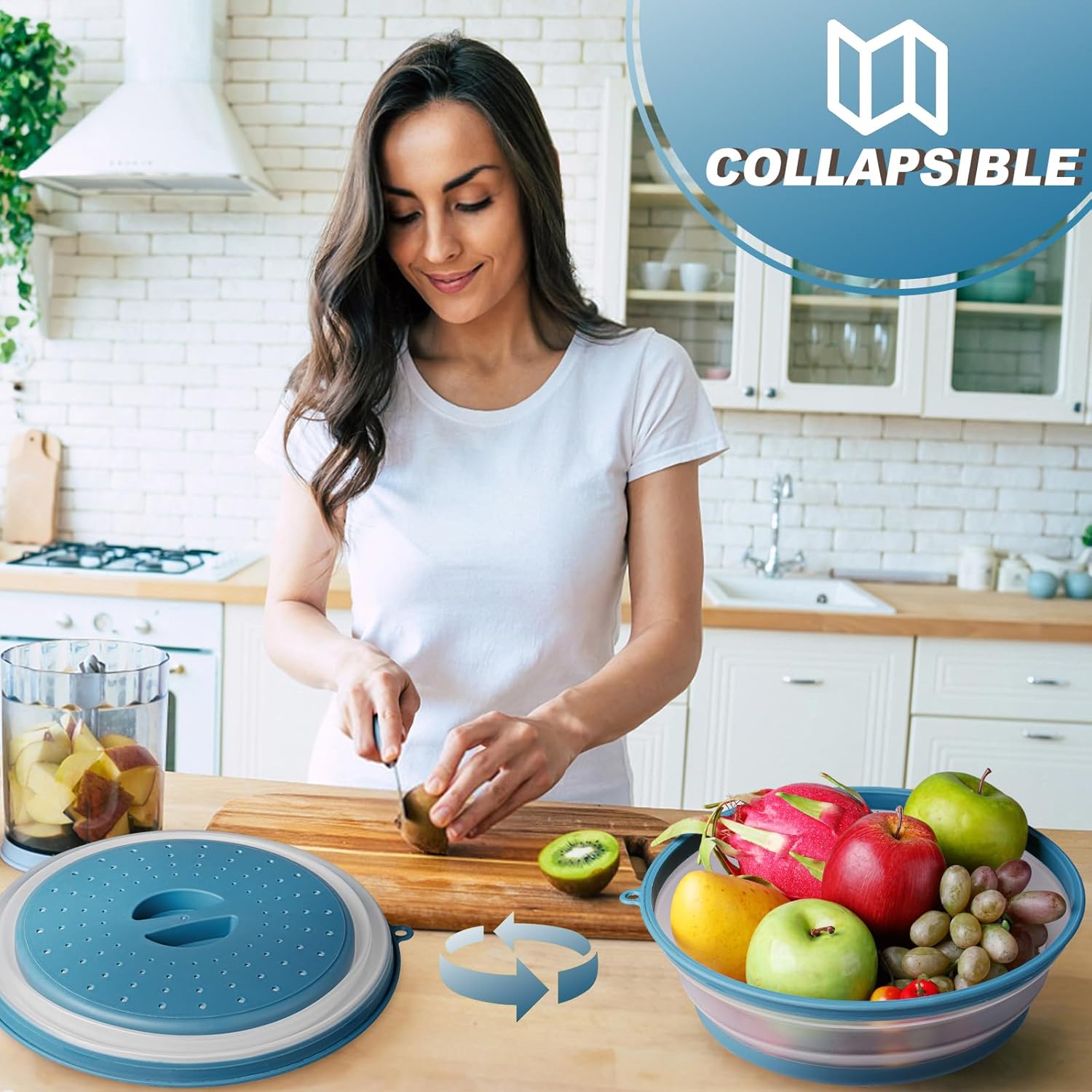 WENWELL 4 in 1 Vented Collapsible Microwave Splatter Cover & Mat Set - BPA-Free Silicone & Plastic, Dishwasher-Safe
