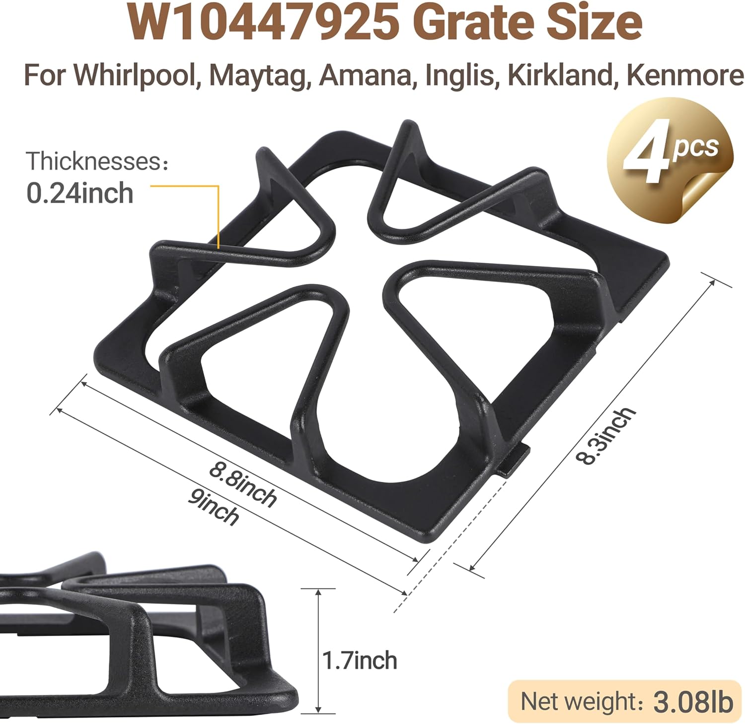 Whirlpool Gas Stove Grate Set-4 Pack, 8 ¾ x 8 ¼ inch Burner Grate Range Rack, Porcelain Enamel Cast Iron, Compatible with Maytag, Amana, Kenmore