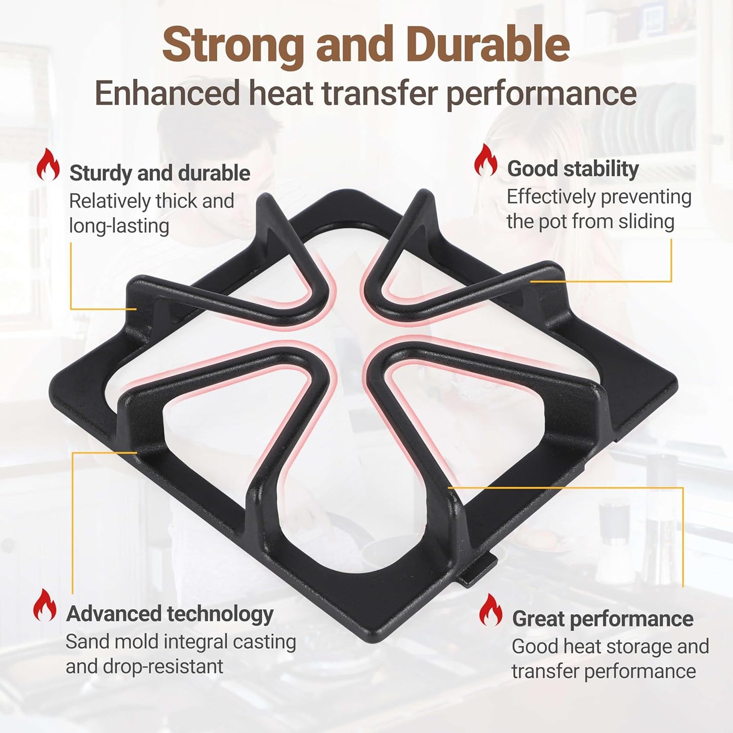 Whirlpool Gas Stove Grate Set-4 Pack, 8 ¾ x 8 ¼ inch Burner Grate Range Rack, Porcelain Enamel Cast Iron, Compatible with Maytag, Amana, Kenmore